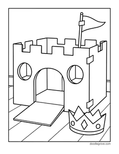 A cardboard box castle with cut-out windows, a fold-down door and a flag, with a paper crown on the floor
