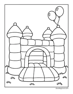 An inflatable bouncy castle with four towers and a slide, with two balloons
