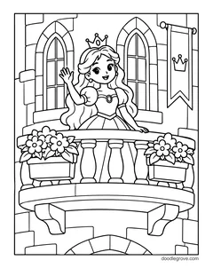 A princess in a tiara waving from a stone balcony with flower boxes, with tall arched windows and a crown banner