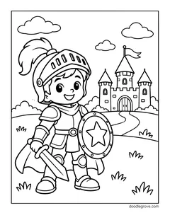 A boy knight in a plumed helmet holding a sword and a star shield, with a castle on a hill and clouds