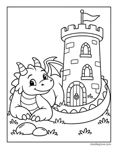 A friendly dragon curled around the base of a stone tower with a flag, with rocks and grass