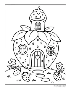 A castle shaped like a giant strawberry with a small tower, round windows and a heart door, with strawberries and flowers