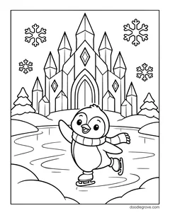 A penguin in a scarf ice skating in front of an ice palace with pointed crystal towers, with snowflakes and pine trees