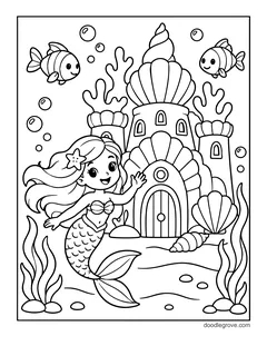 A mermaid waving beside an underwater castle made of seashells, with fish, bubbles, coral and seaweed