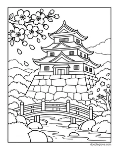 A Japanese castle with curved tiered roofs on a stone base, with cherry blossoms, a wooden bridge and a stream
