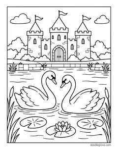 Two swans facing each other on a lake with water lilies and cattails, with a castle with three towers behind