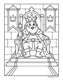 A smiling king with a crown, a scepter and a fur-trimmed robe on a throne, with crown banners on a stone wall