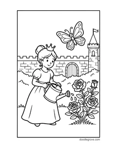 A princess watering roses with a watering can by the castle wall, with a butterfly and a tower