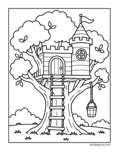 A tree house castle with a tower and a flag in a big tree, with a rope ladder and a hanging bucket