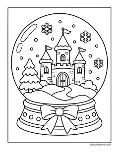 A snow globe with a castle, a pine tree and snowflakes inside, on a base tied with a bow