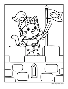 A cat in a knight's helmet holding up a sword on top of a castle wall, with a fish flag