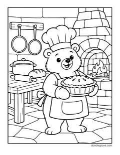 A bear chef holding a pie in a castle kitchen with a stone oven, hanging pans, a pot and bread on a table