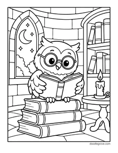 An owl in glasses reading a book on a stack of books, with a candle, bookshelves and an arched window with a moon