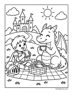 A boy knight and a dragon sharing sandwiches and tea on a picnic blanket, with a basket, a helmet and a castle behind