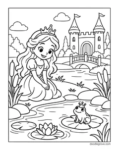 A princess kneeling by a pond looking at a frog in a crown on a lily pad, with a bridge, cattails and a castle
