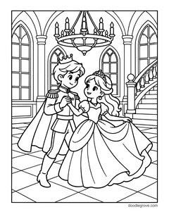 A prince and a princess in a ball gown dancing in a castle ballroom, with a chandelier, tall windows and a staircase