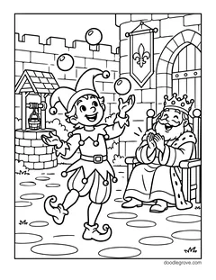 A jester juggling balls for a laughing king on his throne in a castle courtyard, with a well and a banner