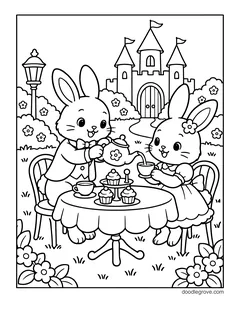 Two bunnies having a tea party with cupcakes at a round table in a garden, with a castle, flowers and a lamp post