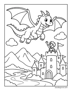 A dragon flying over a castle as a boy waves from a tower, with mountains, a river and clouds