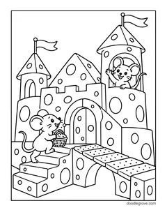 Two mice at a castle made of cheese with holes, stairs and a cracker bridge, one waving from a window