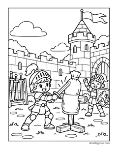 Two kid knights practicing with a sword on a straw dummy in a castle yard, with a sword rack and a lion shield