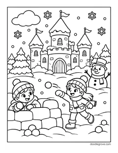 Two kids in hats having a snowball fight behind a snow wall, with a snowy castle, a snowman and pine trees