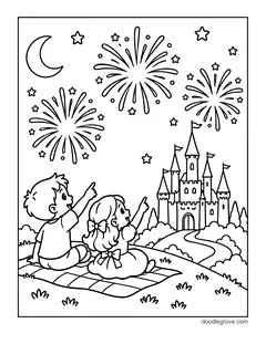 Two kids on a picnic blanket pointing at fireworks over a castle, with a moon and stars