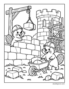 Two beavers in hard hats building a castle tower with stone blocks, a wheelbarrow, a crane and scaffolding