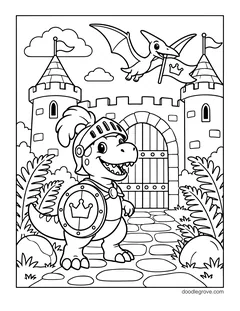 A dinosaur in a knight's helmet holding a crown shield in front of a castle gate, with a pterodactyl carrying a flag and ferns