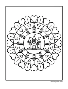 A round mandala with a castle in the middle, ringed by little towers and hearts