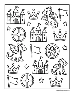 Small castles, crowns, baby dragons, round shields, flags and stars spread across the page