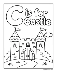 The words C is for Castle in bubble letters above a castle with two towers, a path and a cloud