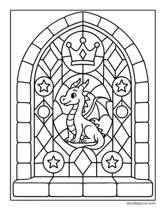 An arched stained glass window with a baby dragon, a crown and stars