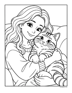 A smiling girl with long wavy hair hugging a striped tabby cat