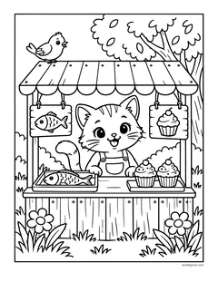 A kitten in an apron selling fish and cupcakes at a wooden market stand, with flowers and a bird on the roof