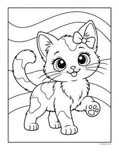 A spotted kitten with a bow on its head walking with one paw raised, with wavy lines behind
