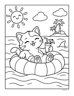 A kitten floating in a swim ring on the sea, holding a drink with a little umbrella, with an island behind