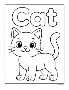 The word Cat in big bubble letters above a simple smiling cat
