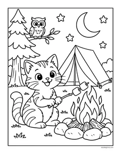 A tabby kitten roasting a marshmallow over a campfire next to a tent, with an owl in a tree, the moon and stars