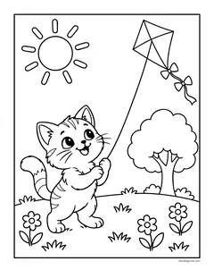 A kitten holding a kite string in a field of flowers under a big sun