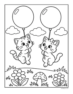 Two kittens floating up into the sky holding balloons, above flowers and a mushroom