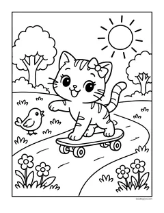A kitten with a bow riding a skateboard down a winding path past flowers and a little bird