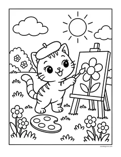 A kitten in a beret painting a flower on an easel, with a paint palette in the grass