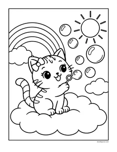 A kitten sitting on a cloud blowing bubbles, with a rainbow and the sun behind