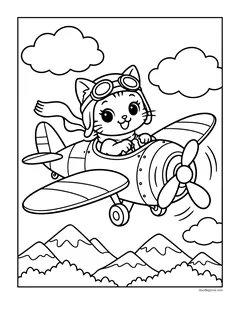 A kitten in flying goggles and a scarf flying a propeller plane over mountains