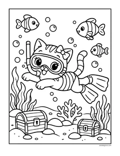 A kitten in a snorkel mask and flippers swimming past fish, seaweed and two treasure chests
