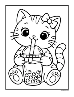 A kitten sitting with a big cup of bubble tea and a straw