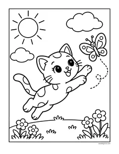 A spotted kitten leaping after a butterfly in a meadow with flowers, clouds and the sun