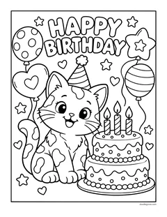A kitten in a party hat next to a birthday cake with candles under the words Happy Birthday, with balloons