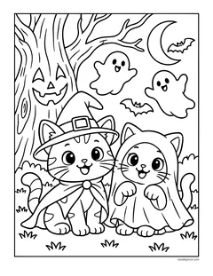 Two kittens dressed as a witch and a ghost under a spooky tree with a jack-o'-lantern face, bats and ghosts